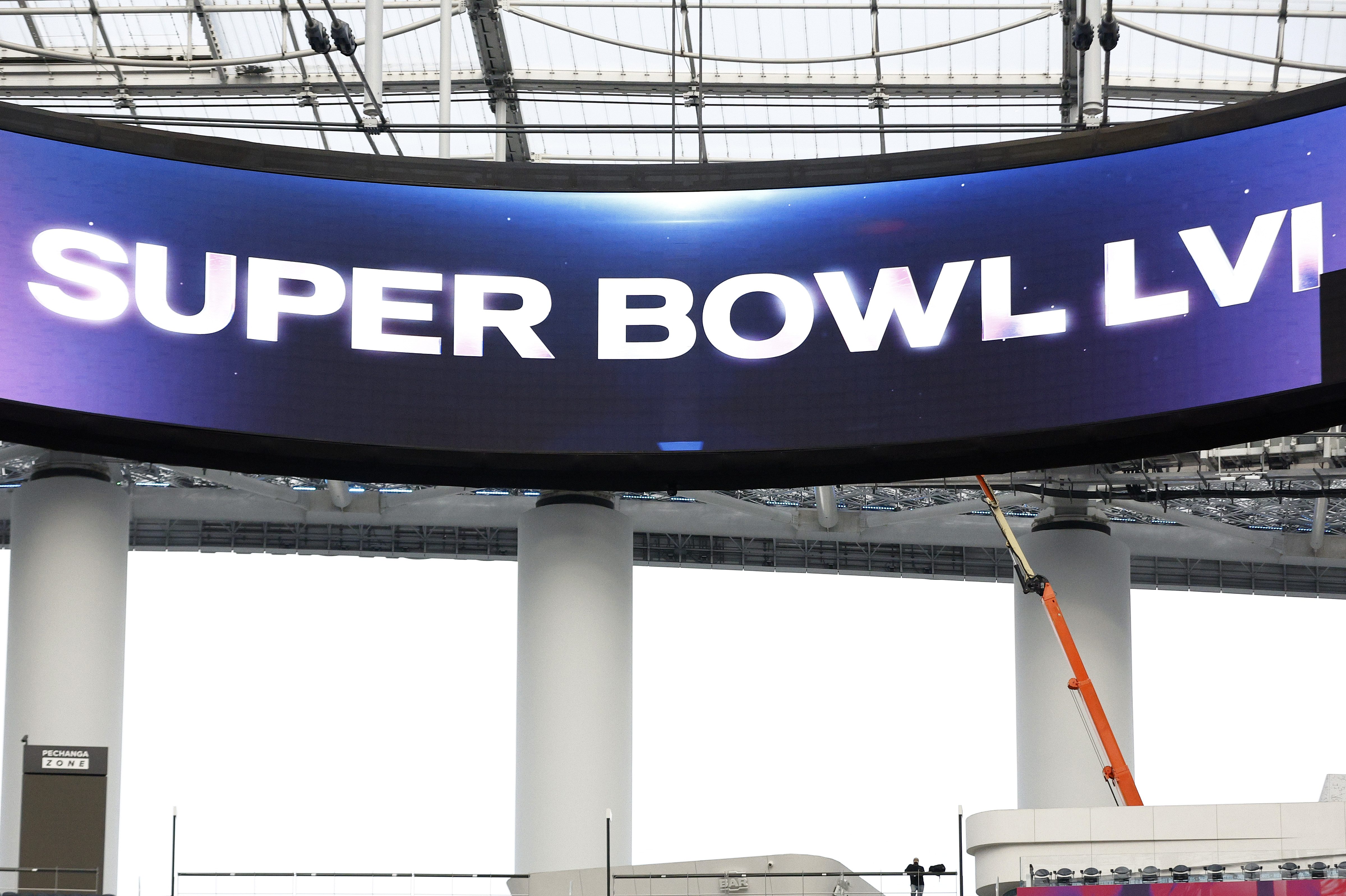 A view of SoFi Stadium as workers prepare for Super Bowl LVI