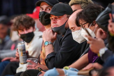 Leonardo DiCaprio at a Los Angeles Lakers and Portland Trail Blazers NBA game in Los Angeles wearing the rare Tiffany Blue Patek Philippe Nautilus ref. 5711.