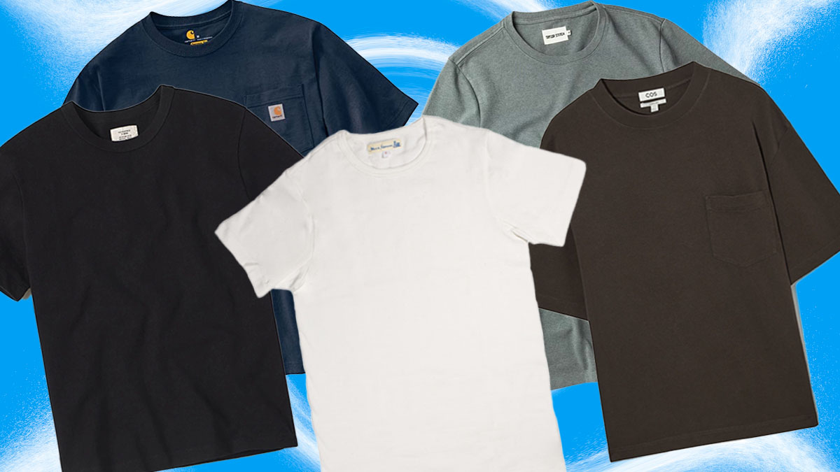 a collage of heavy tees on a sky blue background