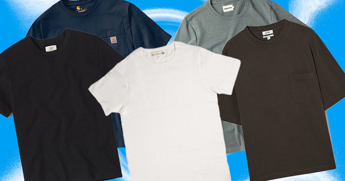 a collage of heavy tees on a sky blue background