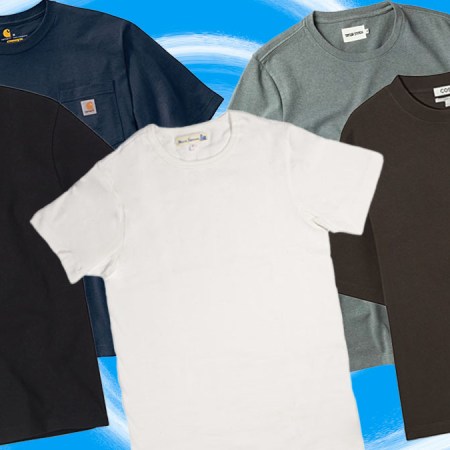 a collage of heavy tees on a sky blue background