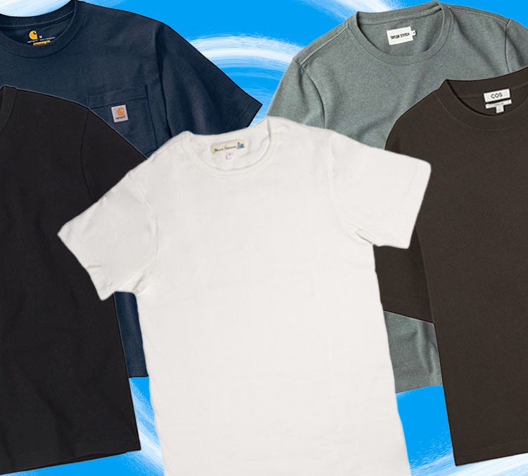 a collage of heavy tees on a sky blue background