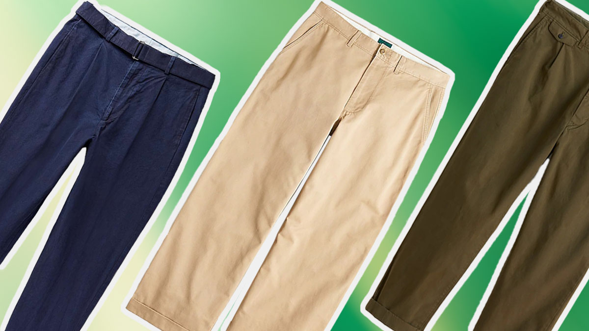 a collage of mens chinos on a green background