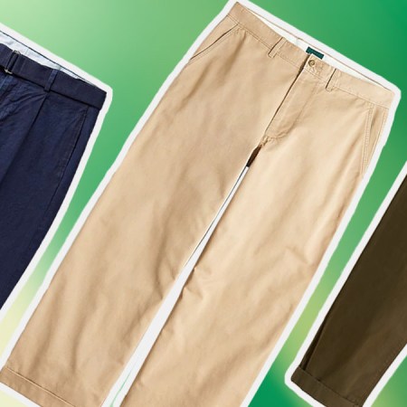 a collage of mens chinos on a green background