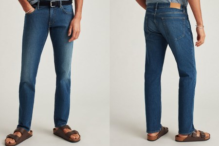 A side by side front and back model shot of the Bonobos Four Seasons Denim