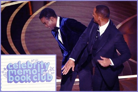 Will Smith Slapping Chris Rock at the Oscars with Celebrity Memoir Bookclub logo on the left corner