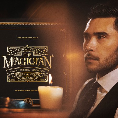 Magician Dan White in a white shirt, tie and vest next to a black and gold box for his online show "The Magician," which you can buy tickets for and watch on Zoom.