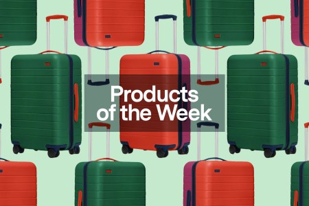 a collage of luggage on a sage background