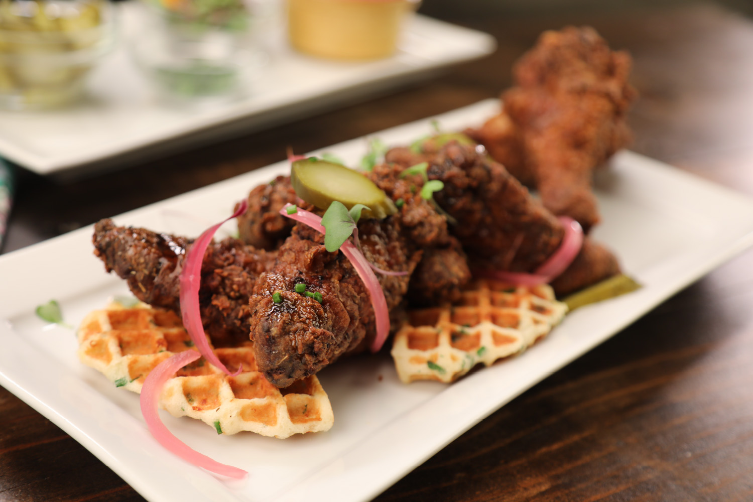 Hot Honey Truffle Chicken and Garlic Chive Waffles