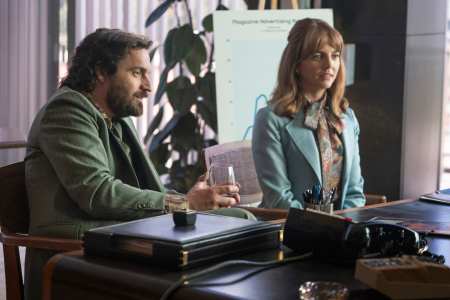 Jake Johnson and Ophelia Lovibond in HBO's "Minx."