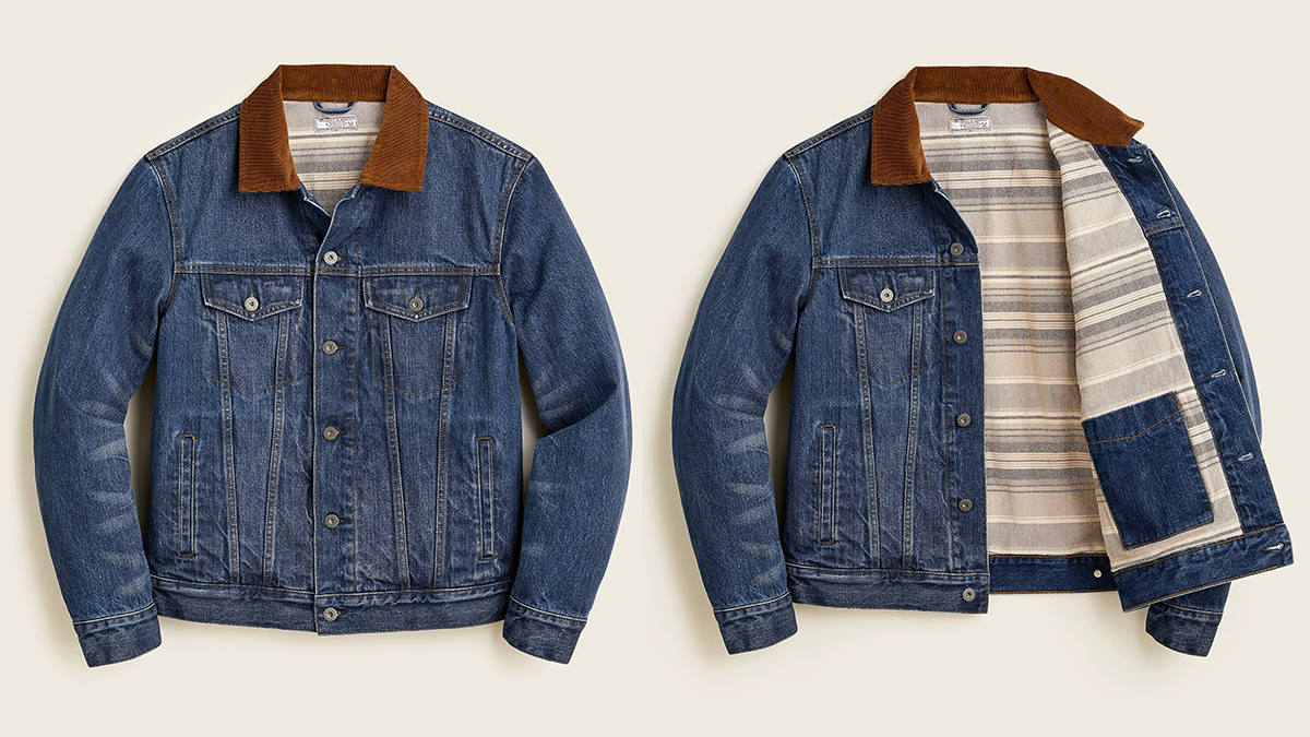 The Wallace & Barnes men's blanket-lined denim jacket shown closed and opened. The spring jacket is currently on sale at J.Crew in March 2022.