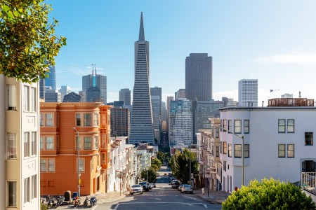 Residential street and skyscrapers of San Francisco Financial District, California, USA