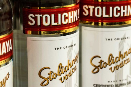 Bottles of Stolichnaya vodka, manufactured by the SPI Group seen on the store shelf in Kiev, Ukraine, in 2018.