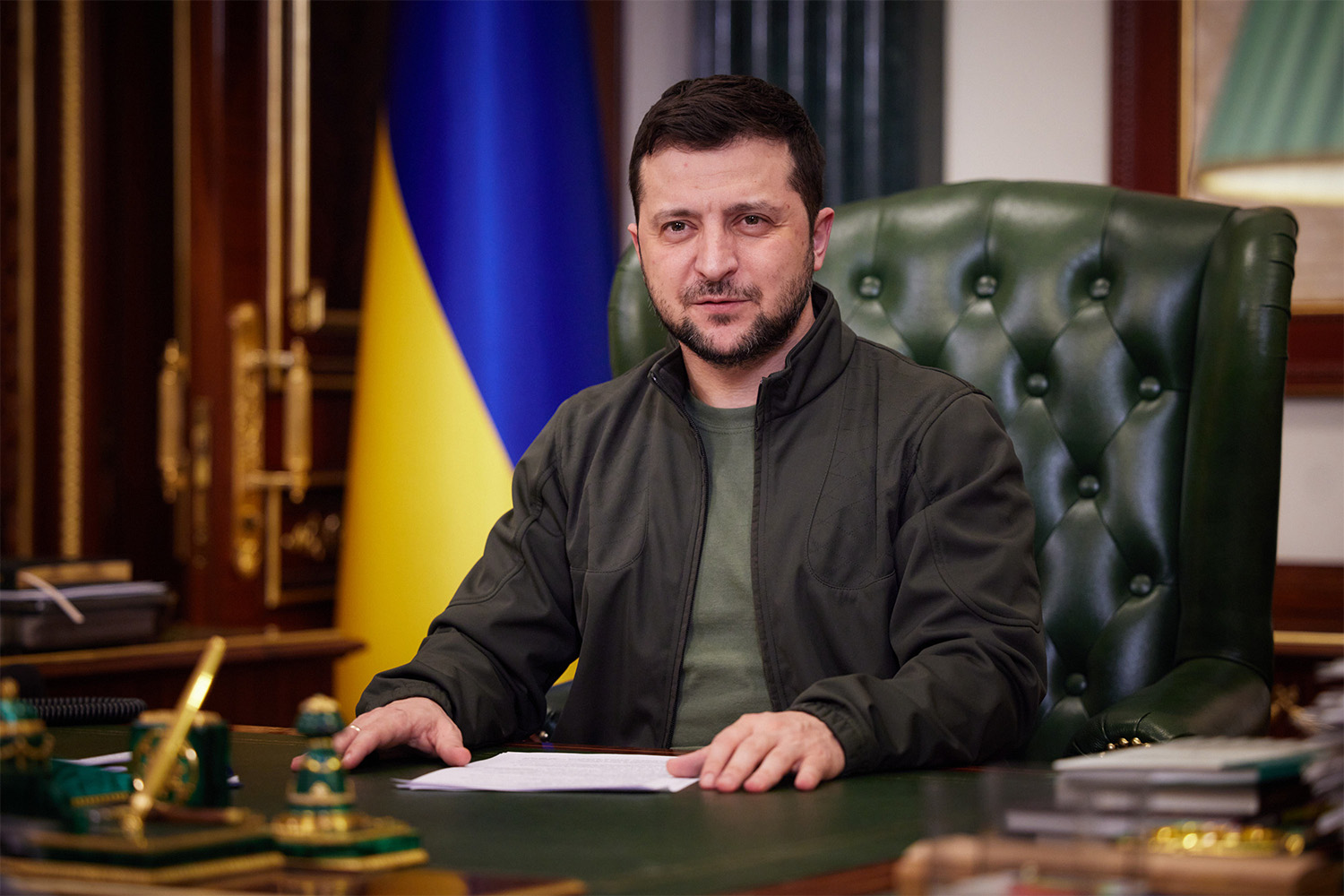 Ukrainian President Volodymyr Zelenskyy makes a speech on evaluation the 22nd day of the Russia-Ukraine war during virtually addressing in Kyiv, Ukraine on March 17, 2022. (Photo by Ukrainian Presidency / Handout/Anadolu Agency via Getty Images)