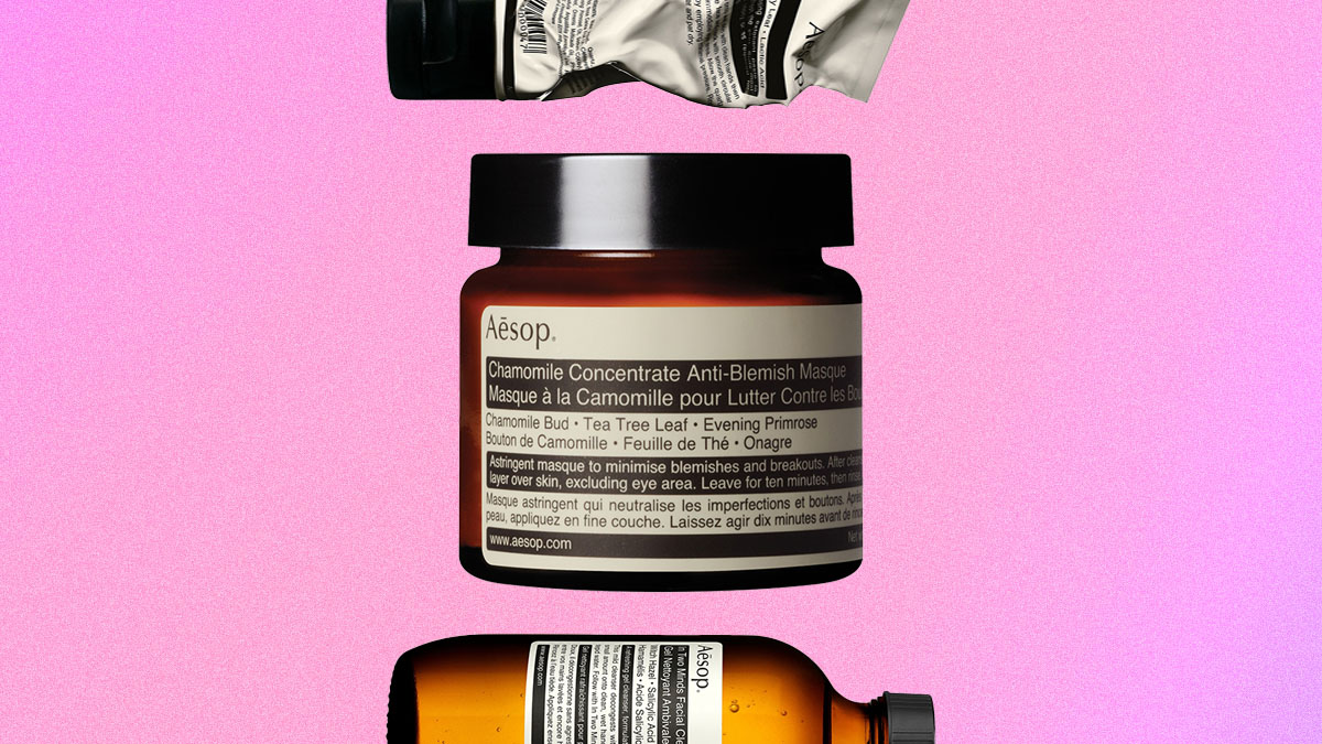 a collage of Aesop products on a pink background