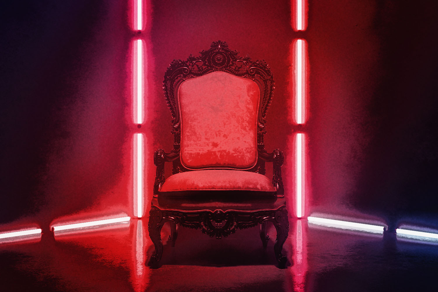 An empty, throne-like chair is illuminated by vibrant red lights.