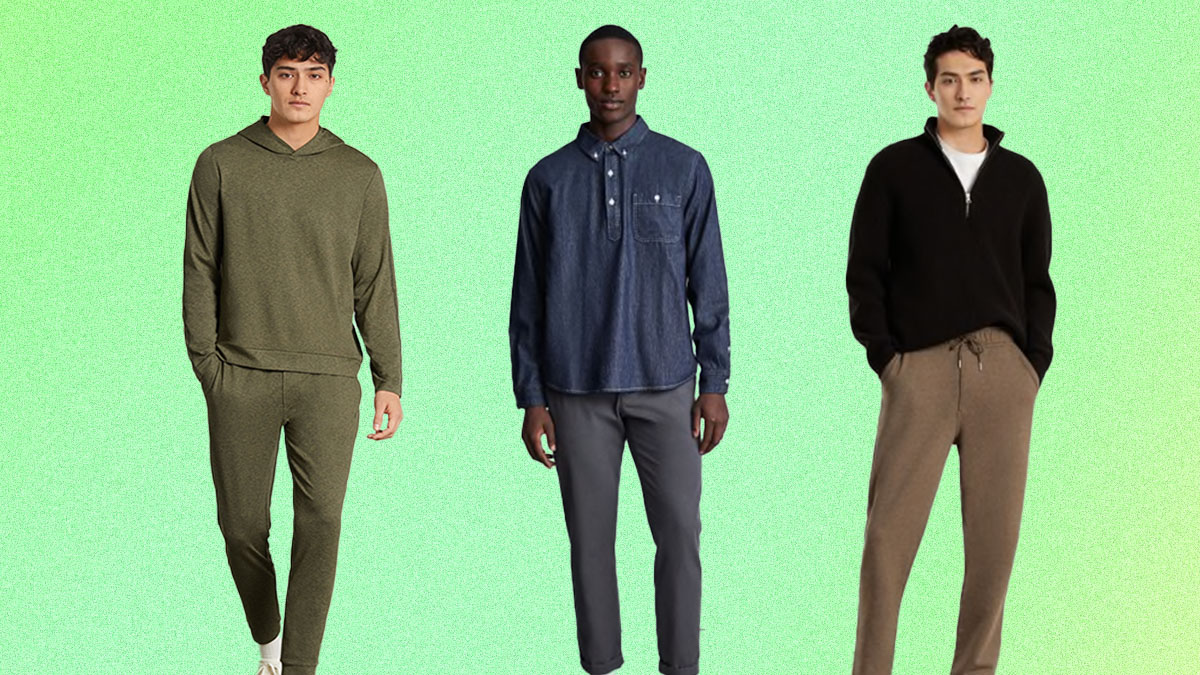 a collage of models wearing everyone clothing on a green background