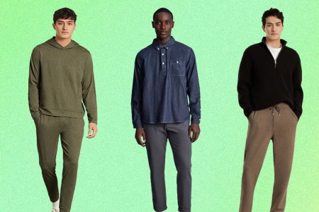 a collage of models wearing everyone clothing on a green background