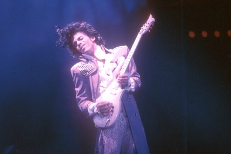 Prince performs live at the Fabulous Forum on February 19, 1985 in Inglewood, California.