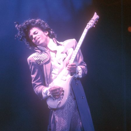 Prince performs live at the Fabulous Forum on February 19, 1985 in Inglewood, California.