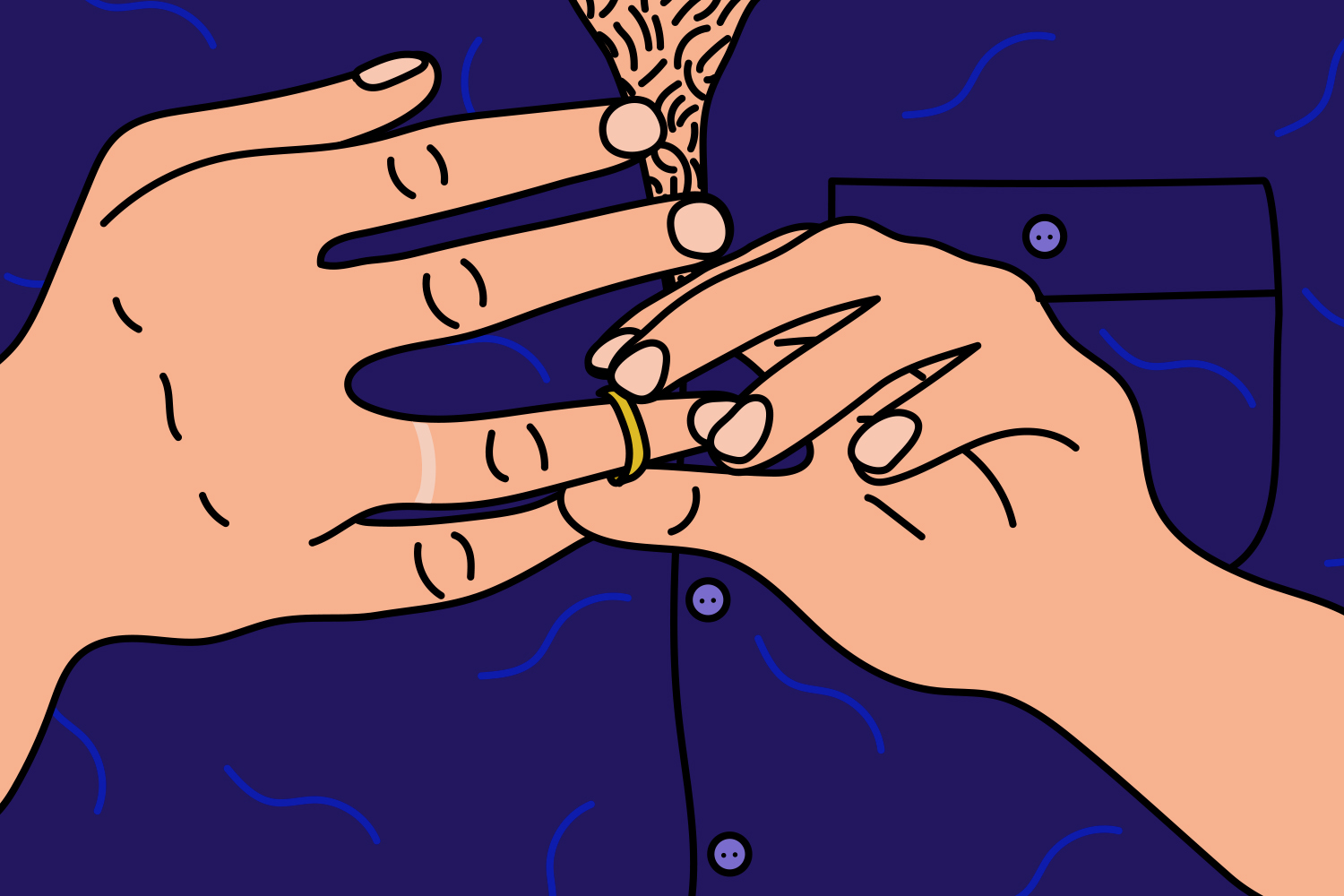 Illustration shows a close-up image of a man taking off a wedding band, revealing a tan-line