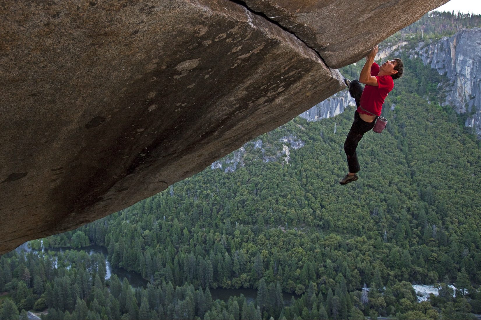 Alex Honnold making a rope-less ascent of the famous Seperate Reality, 500 feet above the valley floor