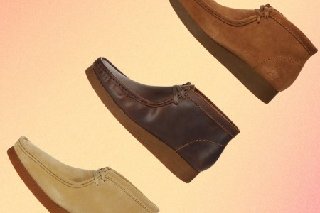 a collage of Clarks Wallabee 2 boots on a yellow background