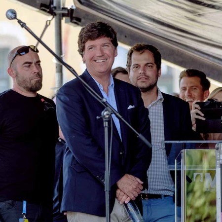 Tucker Carlson on stage before his speech during the Mathias Corvinus Collegium (MCC) Feszt on August 7, 2021 in Esztergom, Hungary