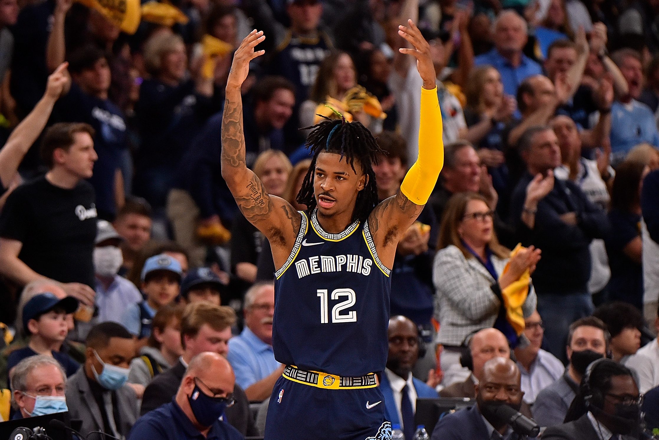 Ja Morant of the Memphis Grizzlies reacts against the Minnesota Timberwolves