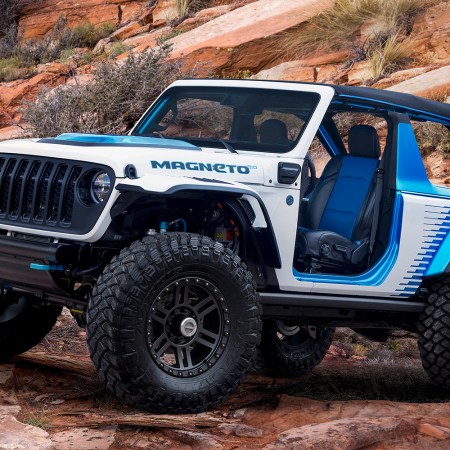 The Jeep Magneto 2.0, an electric Jeep Wrangler with a stick shift that debuted at Easter Jeep Safari 2022.