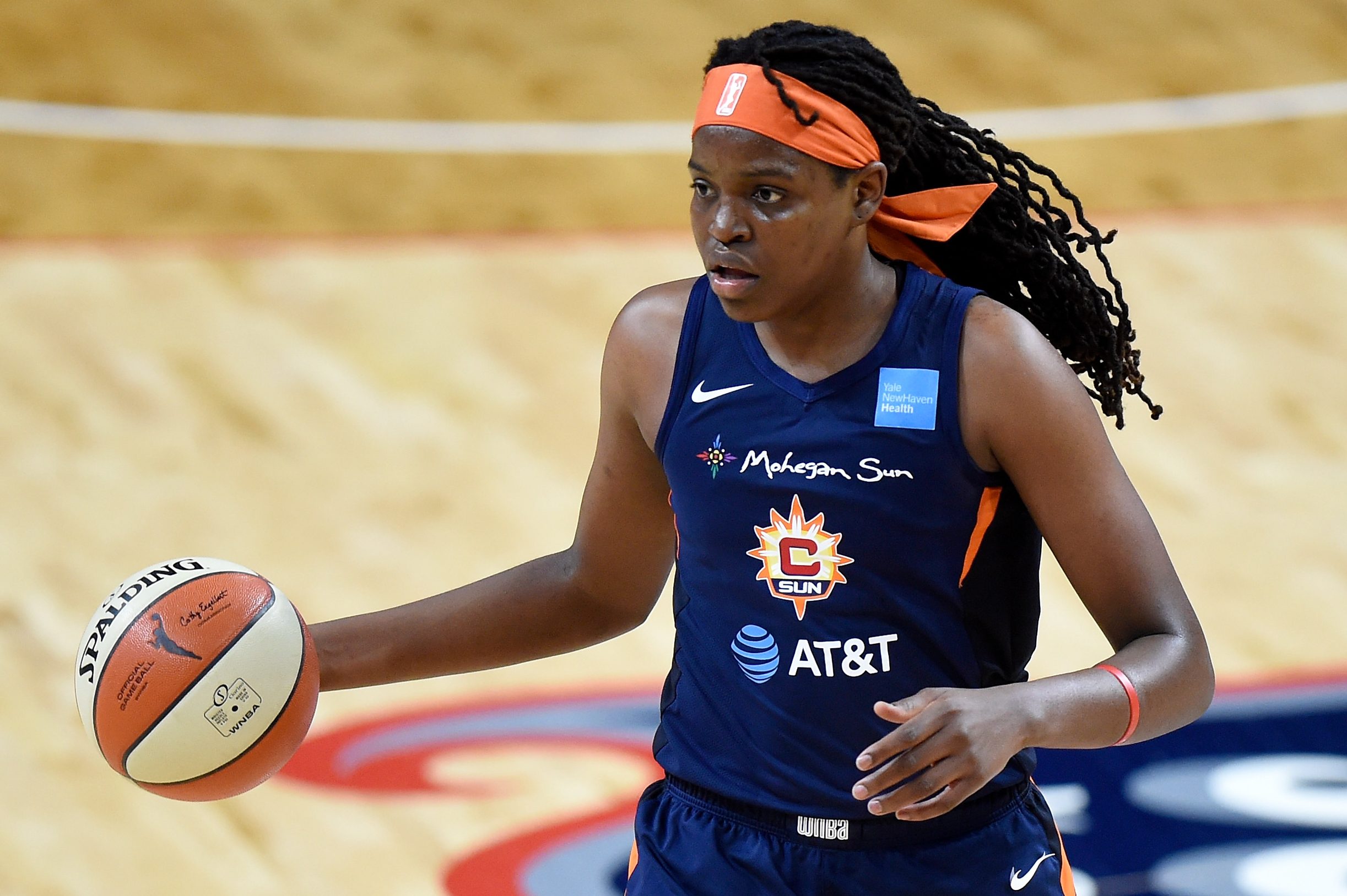 Jonquel Jones of the Connecticut Sun handles the ball against the Washington Mystics