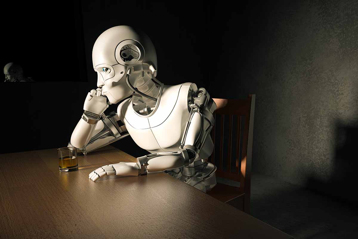 an android alone at a bar drinking whiskey. A new robot "e-nose" has been created that can help identify different whisky brands.