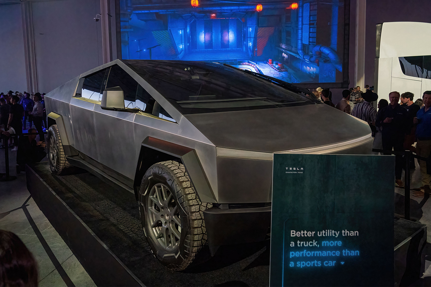 A Tesla Cybertruck on display at the Cyber Rodeo at Giga Texas, a party celebrating the opening of Tesla's new factory near Austin, Texas. Elon Musk said the Cybertruck will be produced in 2023.