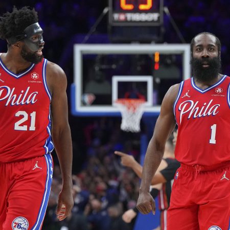 James Harden and Joel Embiid react against the Miami Heat during Game Four of the playoffs