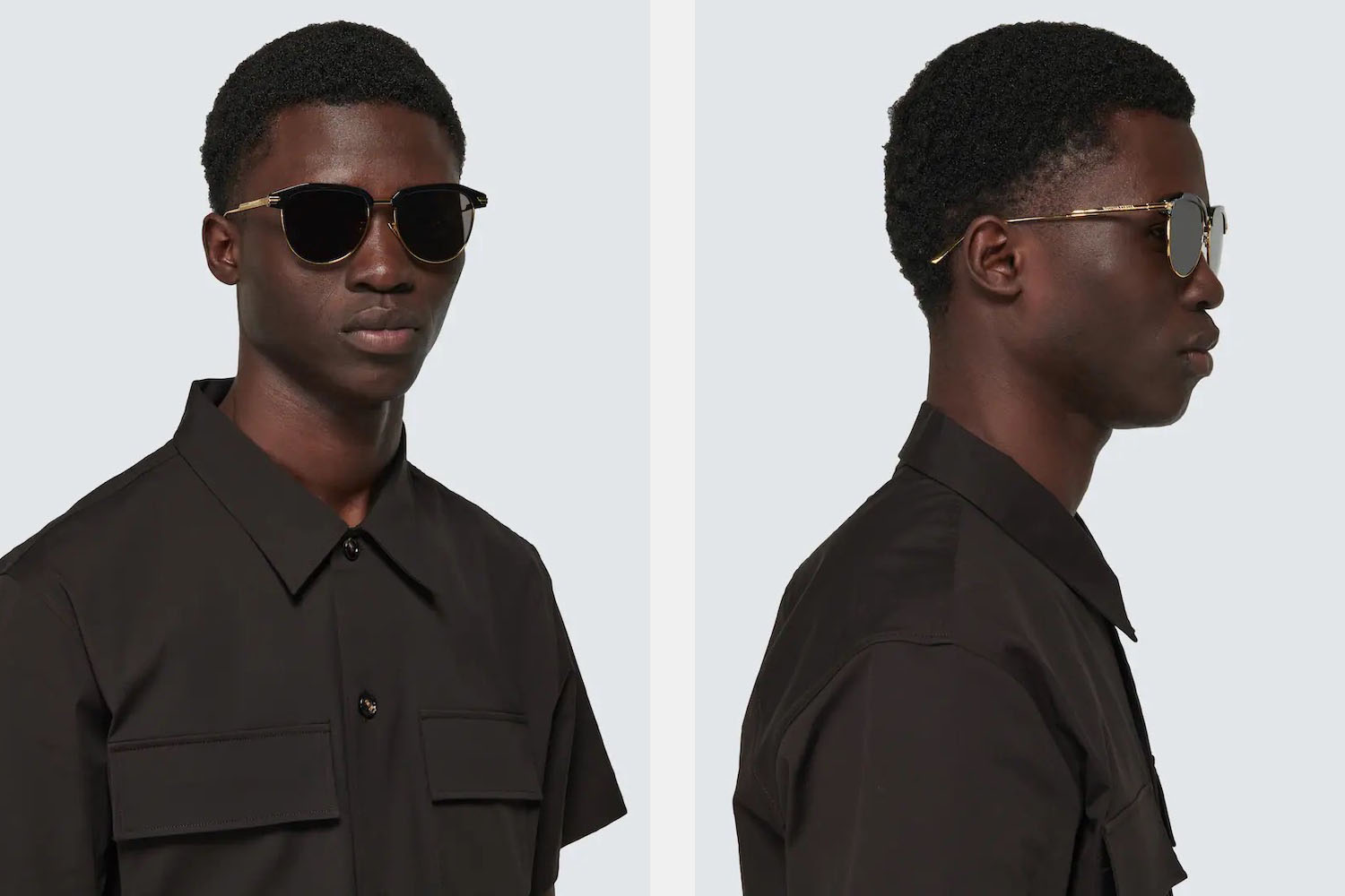 a model shot of Bottega Veneta sunglasses on a grey background