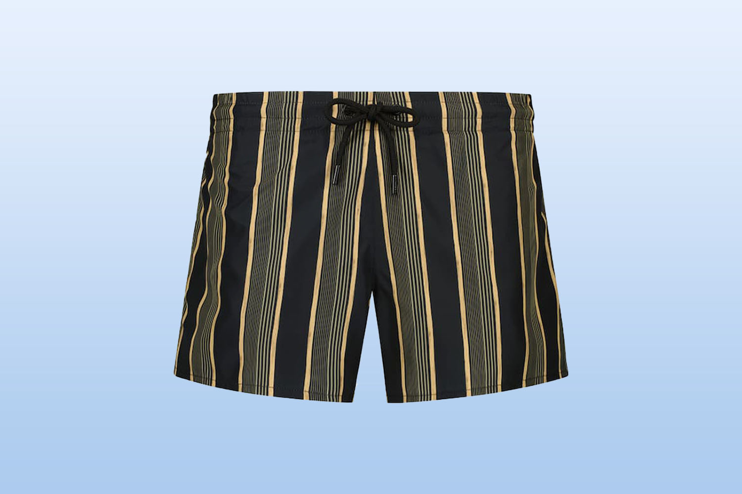 a black swim trunk from mytheresa on a light blue background