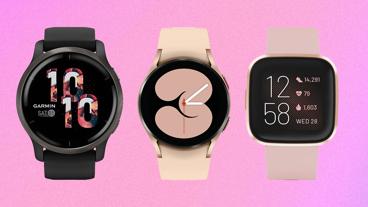 a collage of fitness wearables from Garmin, Samsung and Fitbit on a pink background