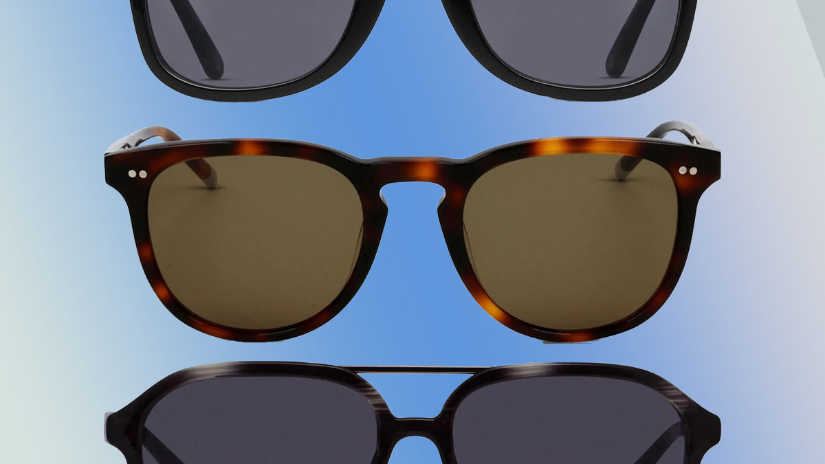 a collage of sunglasses from GlassesUSA on a blue and white gradient background