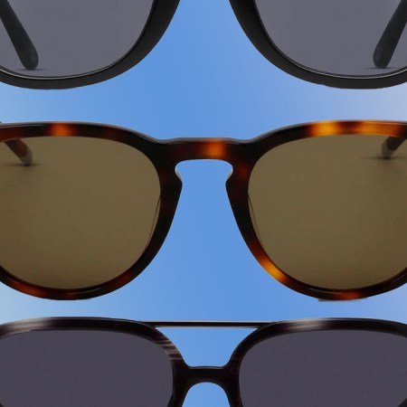 a collage of sunglasses from GlassesUSA on a blue and white gradient background