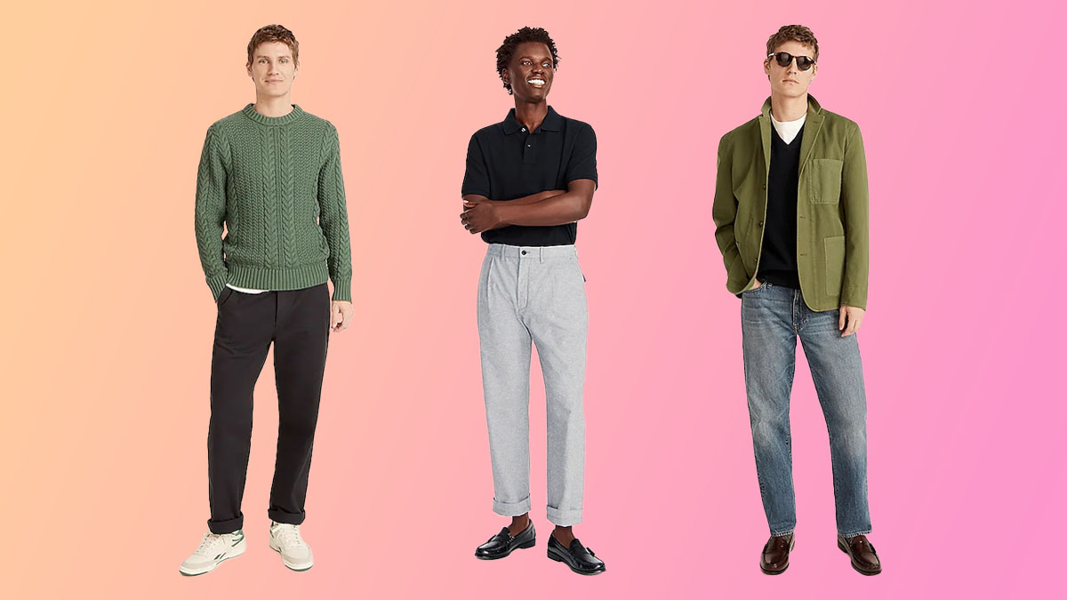 a collage of J.Crew models on a pink-orange gradient background