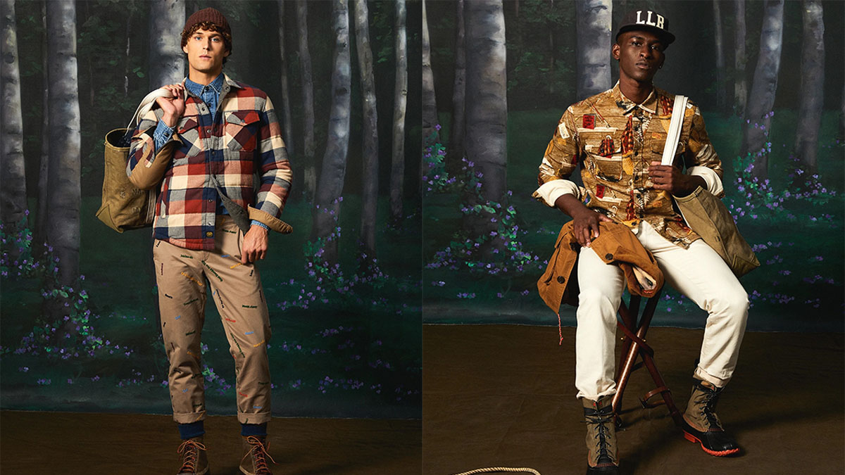 Two models in Todd Snyder x L.L. Bean against a sceanic forrest backdrop