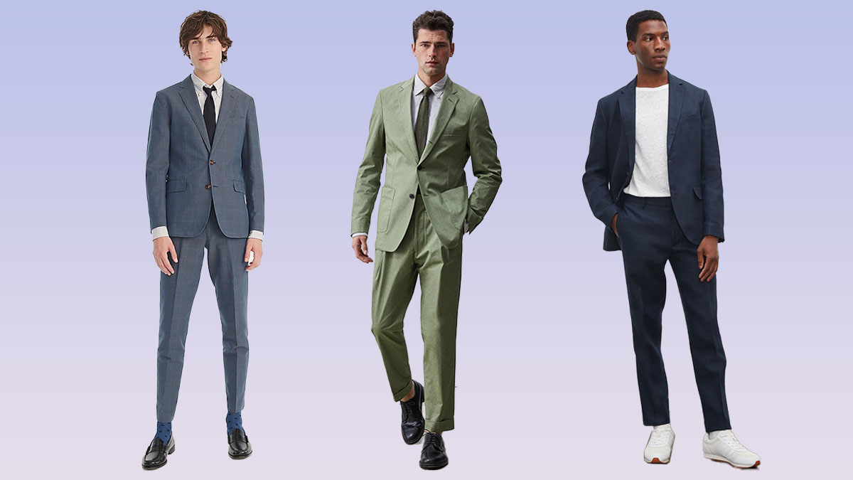 A collage of lightweight suits on a iridescent background