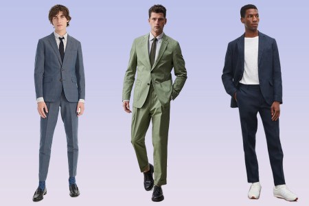 A collage of lightweight suits on a iridescent background