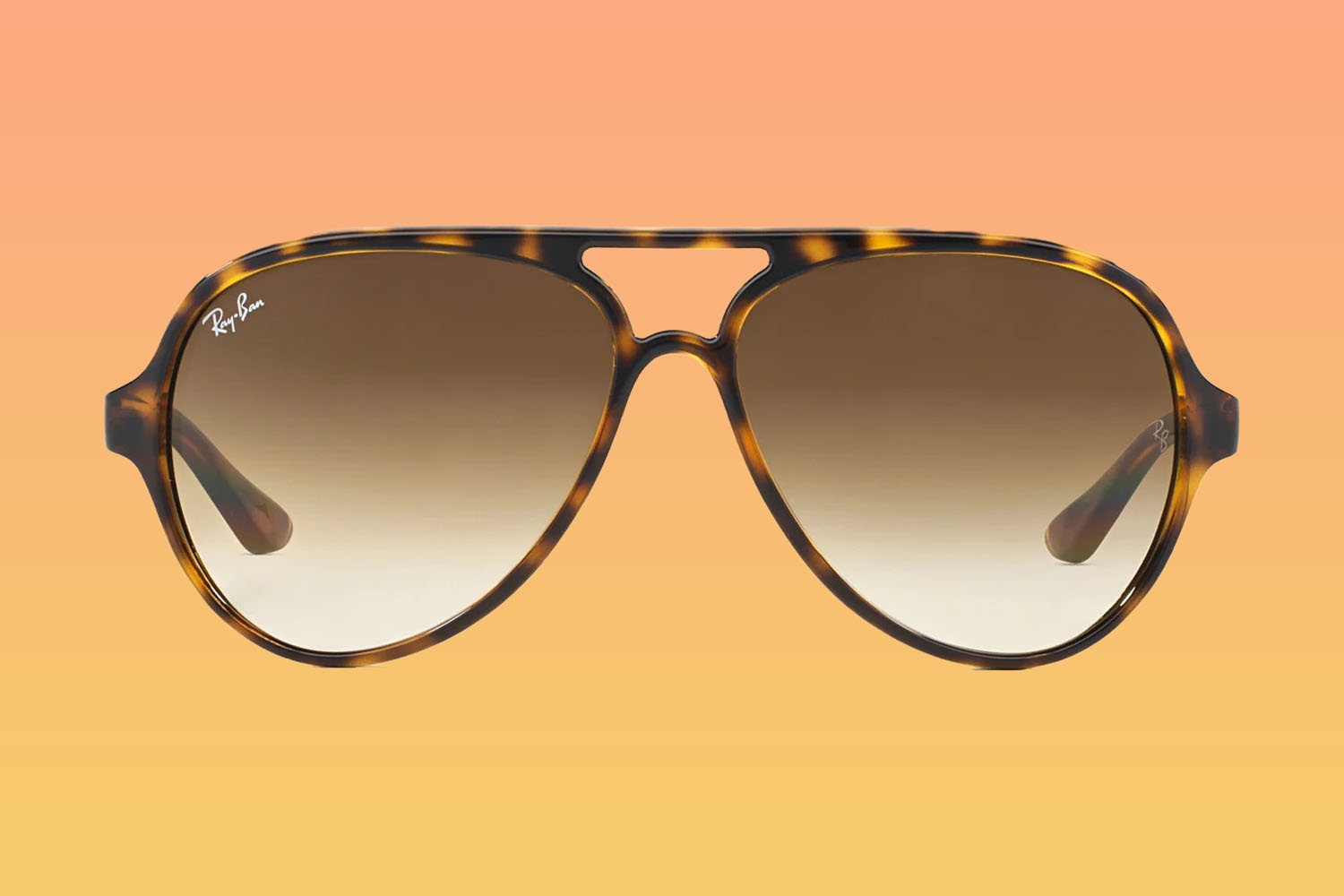 A pair of Ray-Ban sunglasses on a orange-to-yellow gradient background