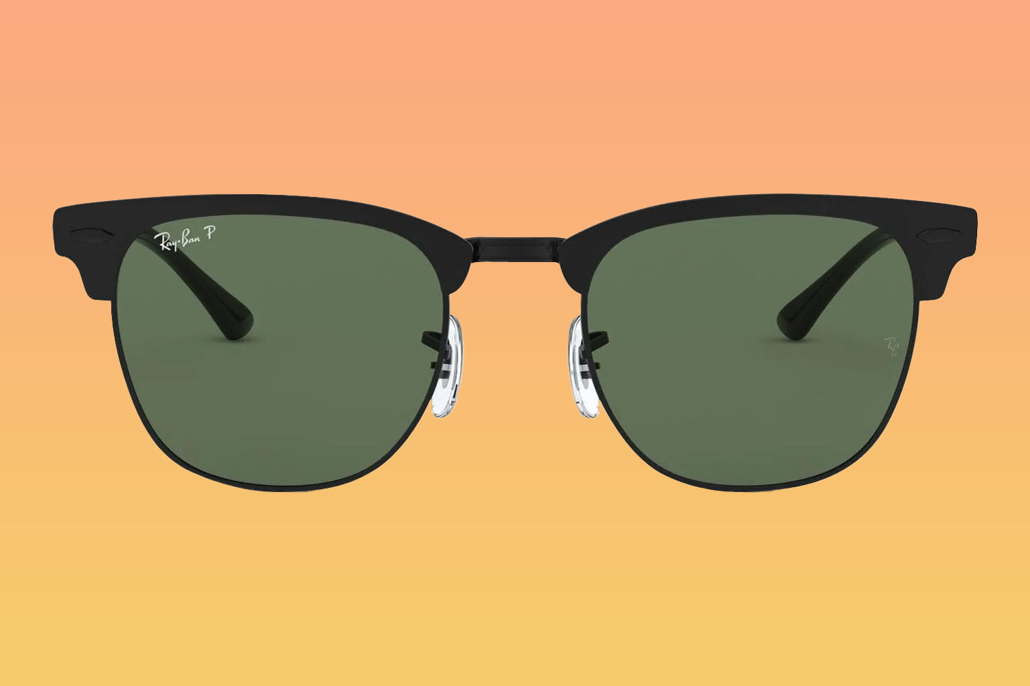 A pair of Ray-Ban sunglasses on a orange-to-yellow gradient background