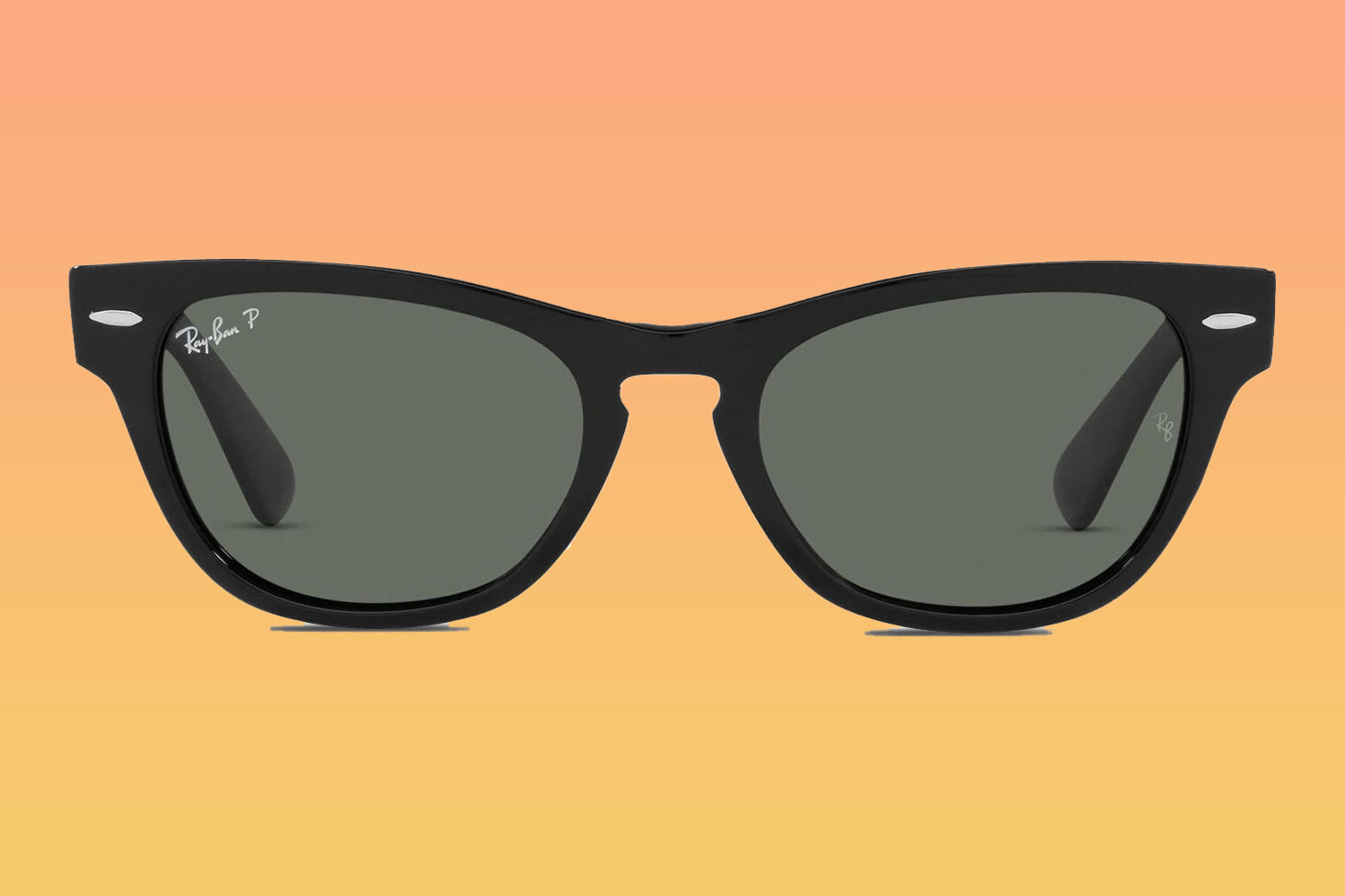 A pair of Ray-Ban sunglasses on a orange-to-yellow gradient background