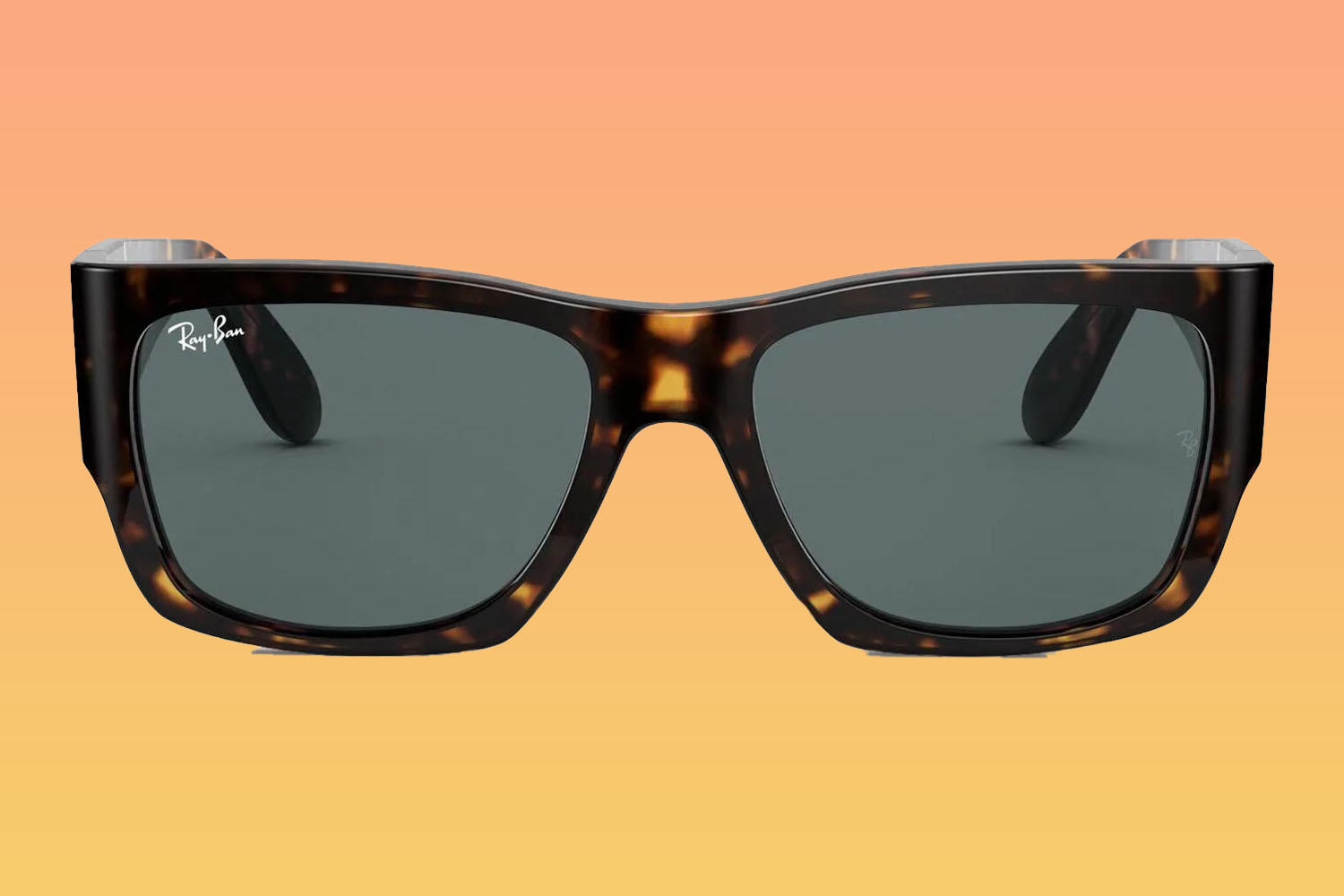 A pair of Ray-Ban sunglasses on a orange-to-yellow gradient background