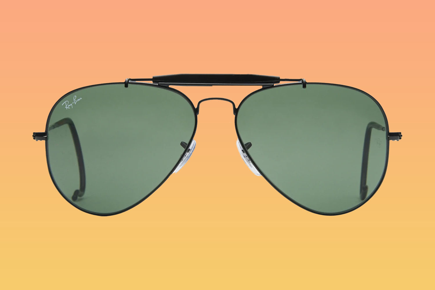 A pair of Ray-Ban sunglasses on a orange-to-yellow gradient background