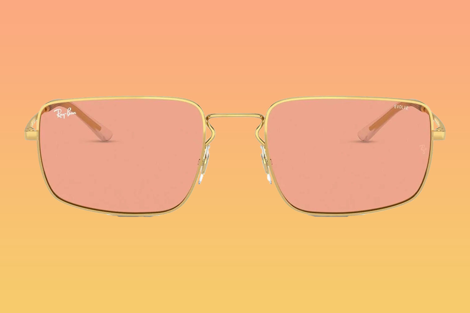 A pair of Ray-Ban sunglasses on a orange-to-yellow gradient background