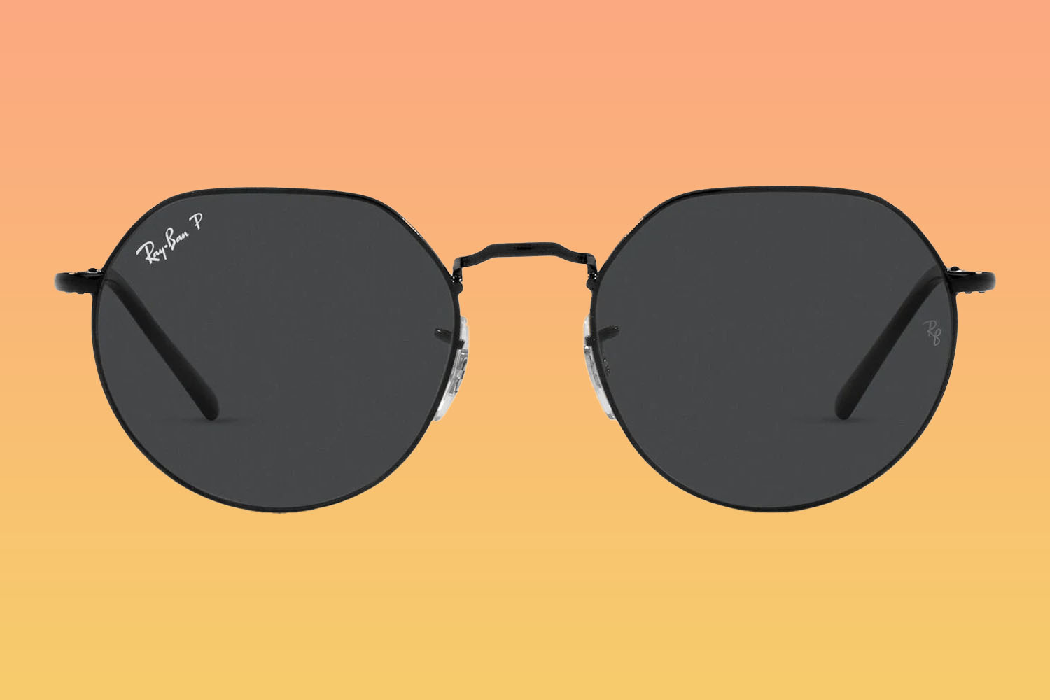 A pair of Ray-Ban sunglasses on a orange-to-yellow gradient background